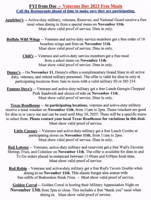2023 printable list of veterans day meals