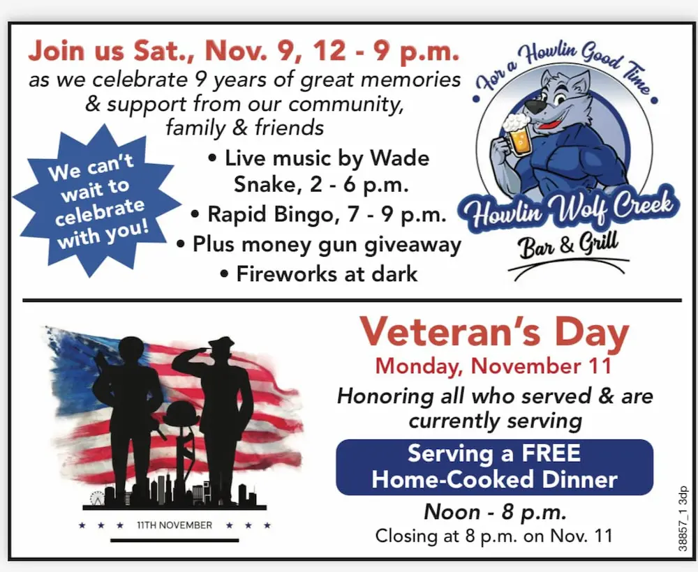 Veterans day meals by Howlin' Wolf Creek Bar